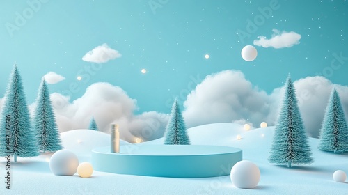 Obraz na płótnie Winter wonderland scene with light blue platform, snowy hills, frosted trees, and glowing orbs. w salonie