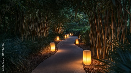 Obraz na płótnie Winding path lit by lanterns through a bamboo grove at night. w salonie