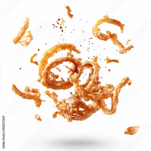 Obraz na płótnie Crispy fried onion rings with spices falling on white background. w salonie