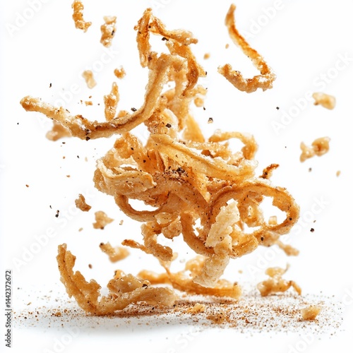 Obraz na płótnie Crispy fried onion strings in mid-air, seasoned with pepper, against white background. w salonie
