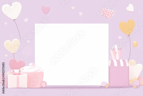 Obraz na płótnie Blank card surrounded by pastel hearts, balloons, gifts, and cupcakes on a purple background. w salonie