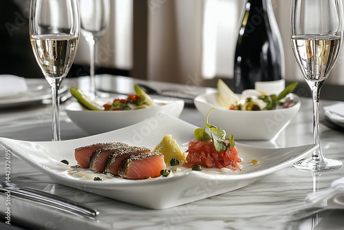 Obraz na płótnie Elegant plated seared tuna dish with champagne, served on a marble table. w salonie