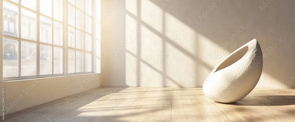 Sunlit room interior with minimalist white sculptural object.