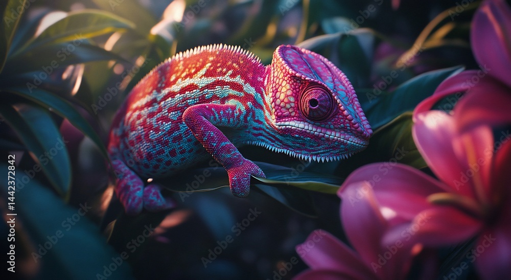 Vibrant red chameleon camouflaged on lush green leaves and pink flowers at sunset.