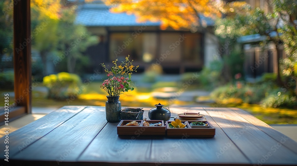 Wooden table with Japanese food, flowers, and a serene garden view.