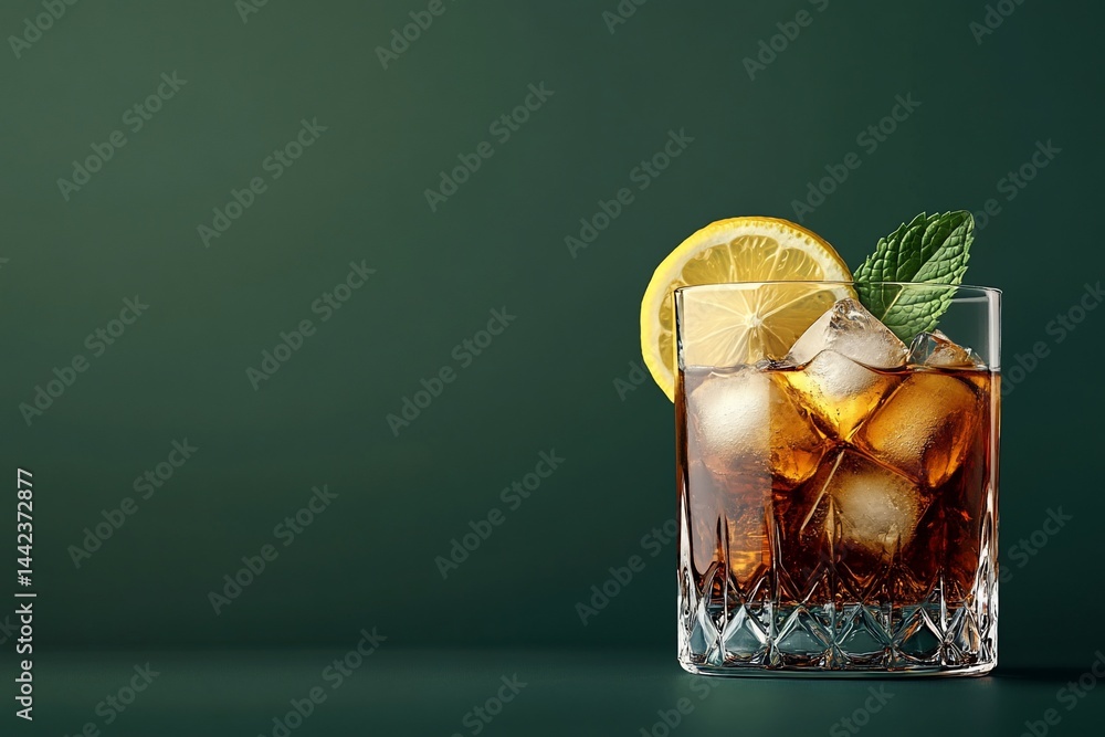 Iced cocktail in a crystal glass with lemon and mint garnish against a dark green background.
