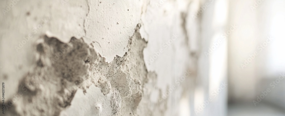Close-up of a damaged, peeling, white wall texture.