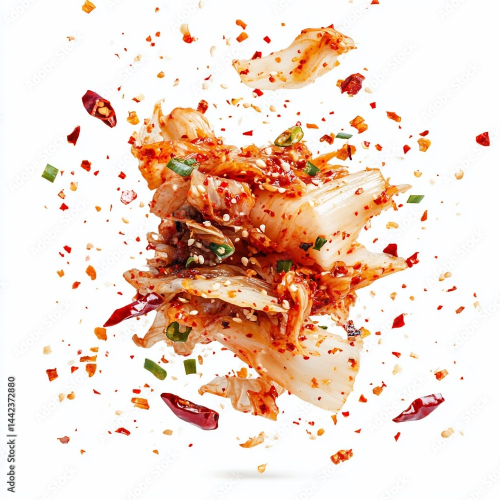Spicy kimchi with chili flakes and green onions, levitating against a white background.