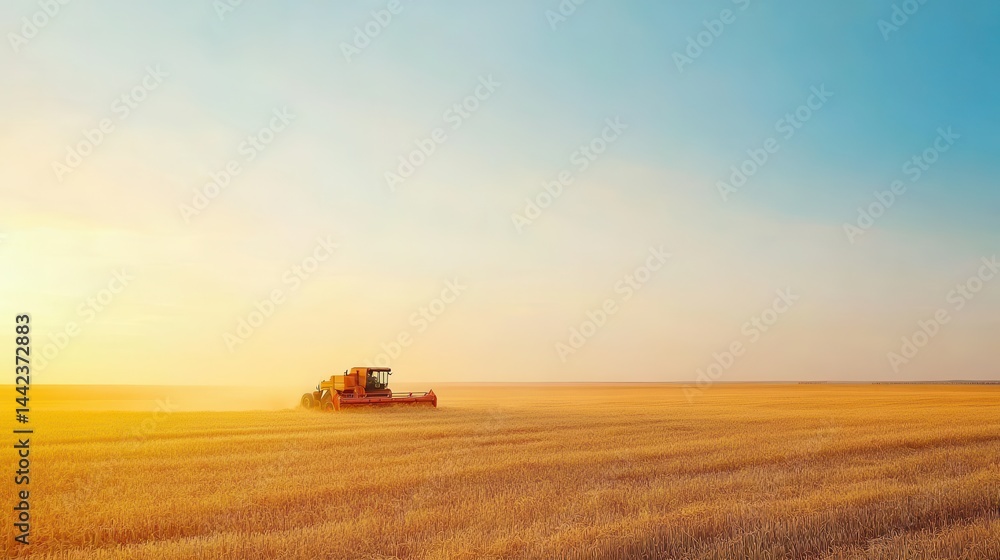 Harvesting Machinery in Golden Field at Sunrise with Clear Sky
