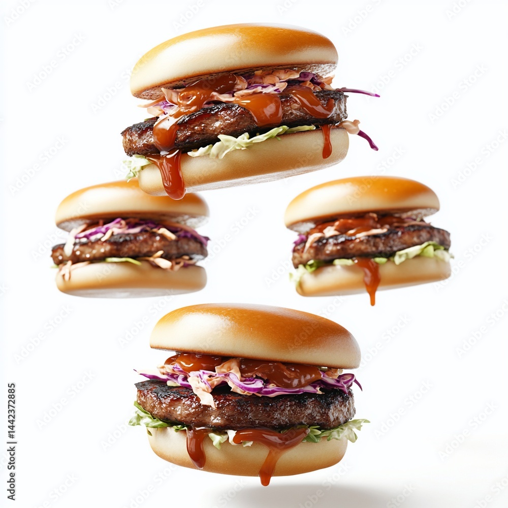 Four delicious burgers with barbecue sauce and coleslaw, levitating against a white background.