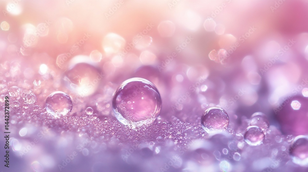 Close-up of dew drops on a petal, pastel colors, soft light.