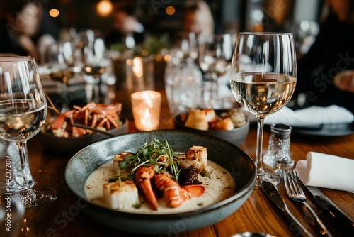 Obraz na płótnie Delicious seafood dish with lobster and scallops served on a wooden table at a restaurant. w salonie