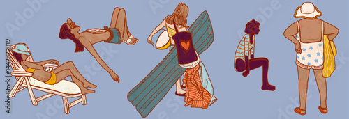 Five women of different ages and skin colors sunbathing on the beach. Clipart illustration of people relaxing at sea on a transparent isolated background. Sticker beach vacation, pool relax.