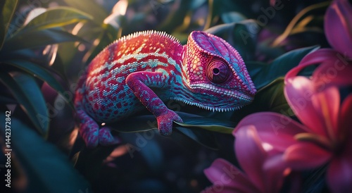 Obraz na płótnie Vibrant red chameleon camouflaged on lush green leaves and pink flowers at sunset. w salonie