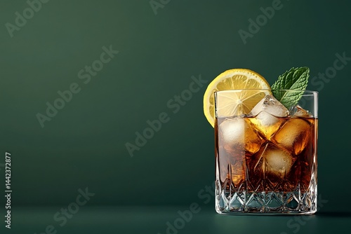 Obraz na płótnie Iced cocktail in a crystal glass with lemon and mint garnish against a dark green background. w salonie