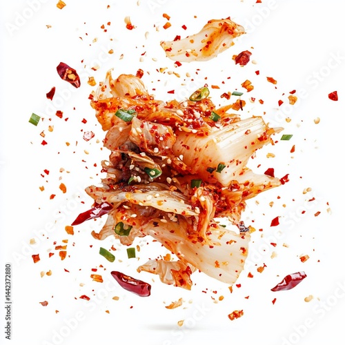 Spicy kimchi with chili flakes and green onions, levitating against a white background.