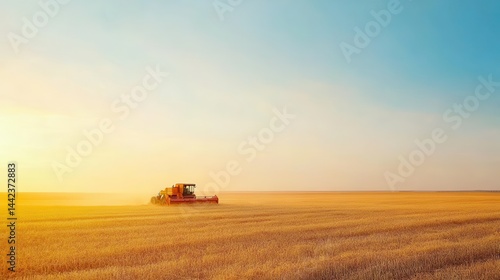 Obraz na płótnie Harvesting Machinery in Golden Field at Sunrise with Clear Sky w salonie