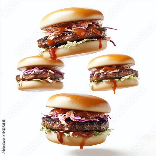 Obraz na płótnie Four delicious burgers with barbecue sauce and coleslaw, levitating against a white background. w salonie