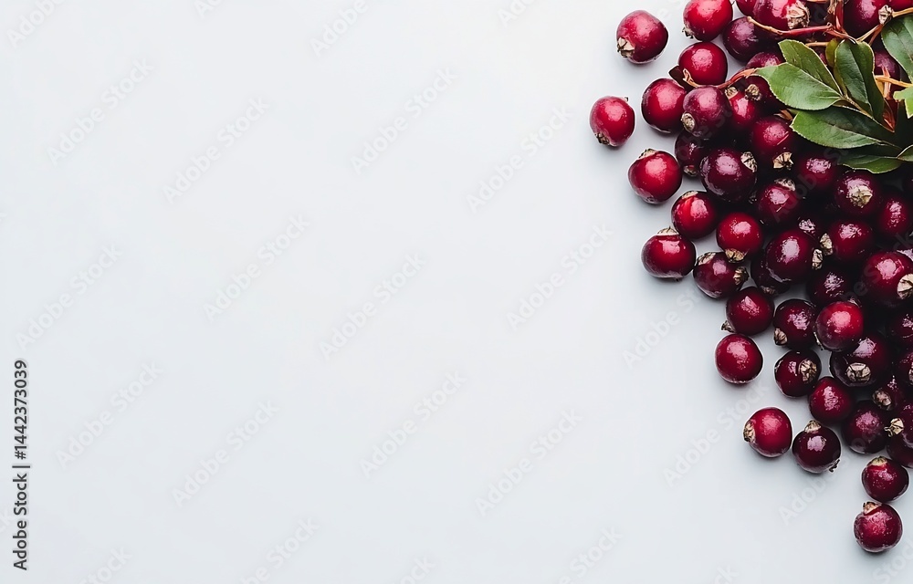 Fresh cranberries scattered on a white background, leaving copy space.