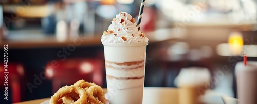Creamy milkshake with whipped cream and nuts served with onion rings in a diner.