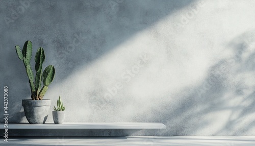 Two cacti in grey pots on a white shelf against a textured grey wall with sunlight shadows.