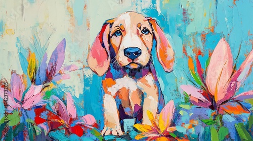 Colorful painting of a beagle puppy amidst vibrant flowers.