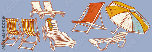 Clipart set illustration of beach furniture. Stickers of a sunbed, umbrella, armchair, chair for relaxing by the sea and pool.