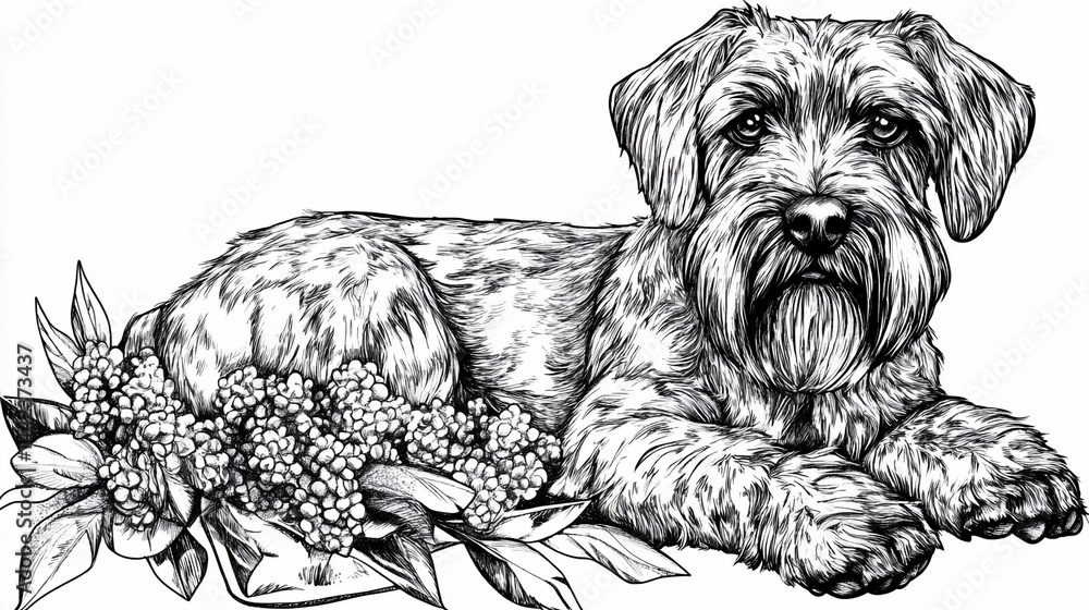Monochrome illustration of a Wirehaired Pointing Griffon dog resting amidst lilac flowers.