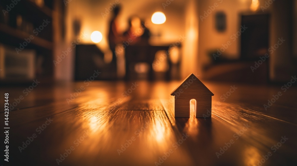 Small wooden house model on wooden floor with blurred family background.