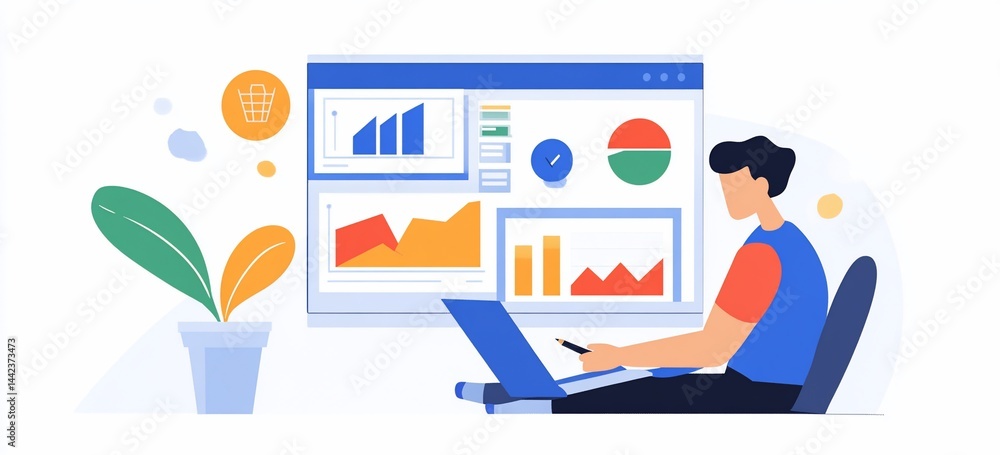 Person analyzing data charts and graphs on laptop screen.