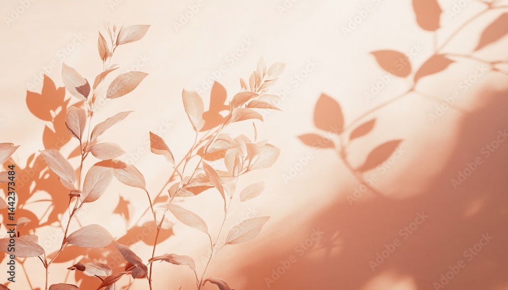 Soft light illuminates delicate plant branches casting long shadows on a peach background.