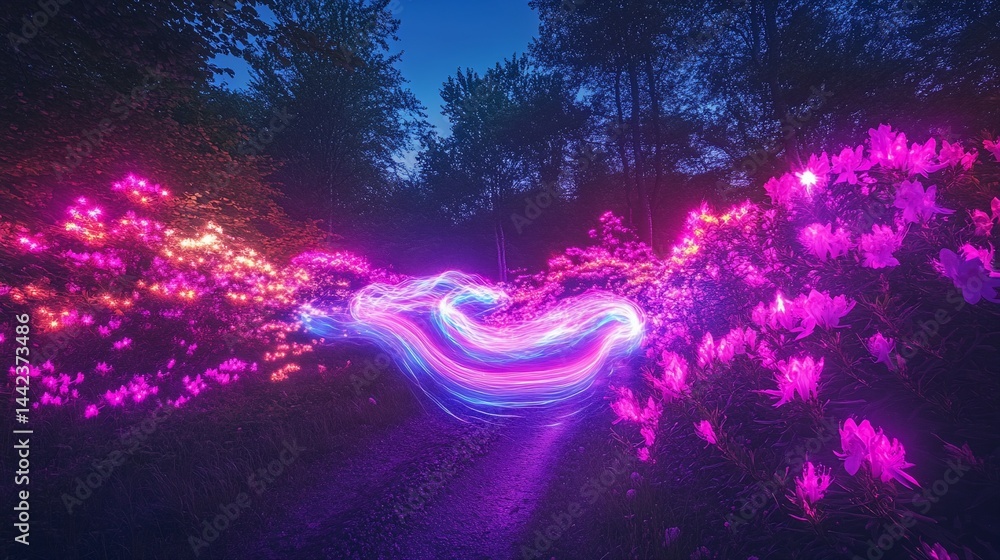 Glowing light trails through a night forest path lined with vibrant pink rhododendron bushes.