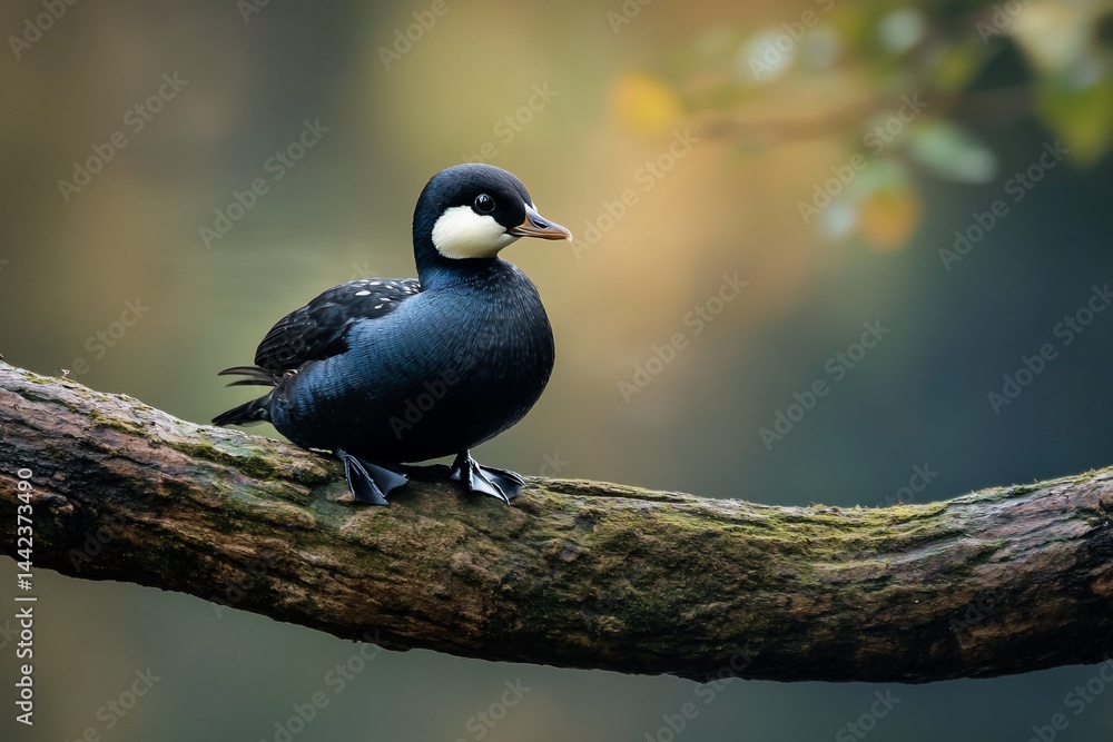 A sleek, black and white duck perches on a moss-covered branch, set against a softly blurred autumnal background.