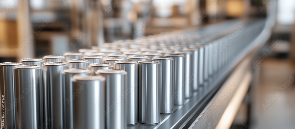 Rows of silver cans moving on a conveyor belt in a factory.