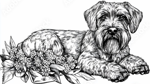 Obraz na płótnie Monochrome illustration of a Wirehaired Pointing Griffon dog resting amidst lilac flowers. w salonie