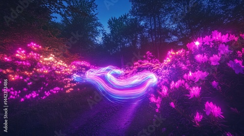 Obraz na płótnie Glowing light trails through a night forest path lined with vibrant pink rhododendron bushes. w salonie