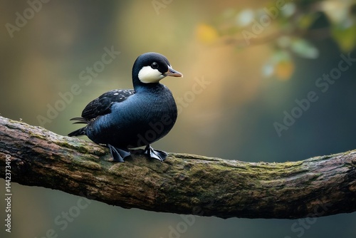 A sleek, black and white duck perches on a moss-covered branch, set against a softly blurred autumnal background.