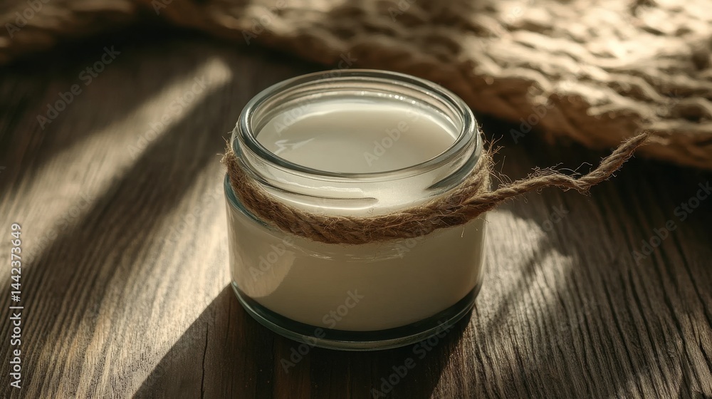 Illuminated Glass Jar of Creamy Lotion on Rustic Wooden Surface