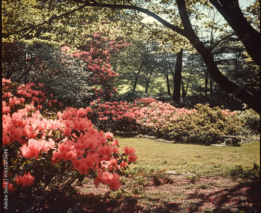 Lush garden with vibrant pink azaleas blooming under shade of trees on sunny day.