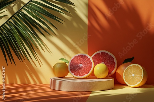 Still life of citrus fruits (grapefruit, lemon, orange) on a wooden platform with palm leaves casting shadows on a yellow and orange background.