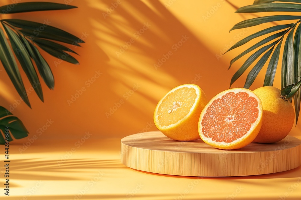 Halved oranges and grapefruit on wooden platform with palm leaves and sunlight shadows on yellow background.