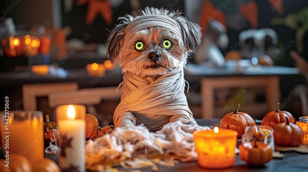 A cute dog dressed as a mummy for Halloween, surrounded by pumpkins and candles.