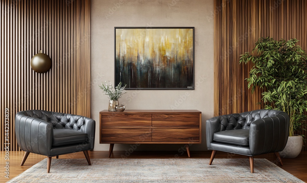 Modern living room interior with two black leather armchairs, wooden console table, and abstract painting on wall.