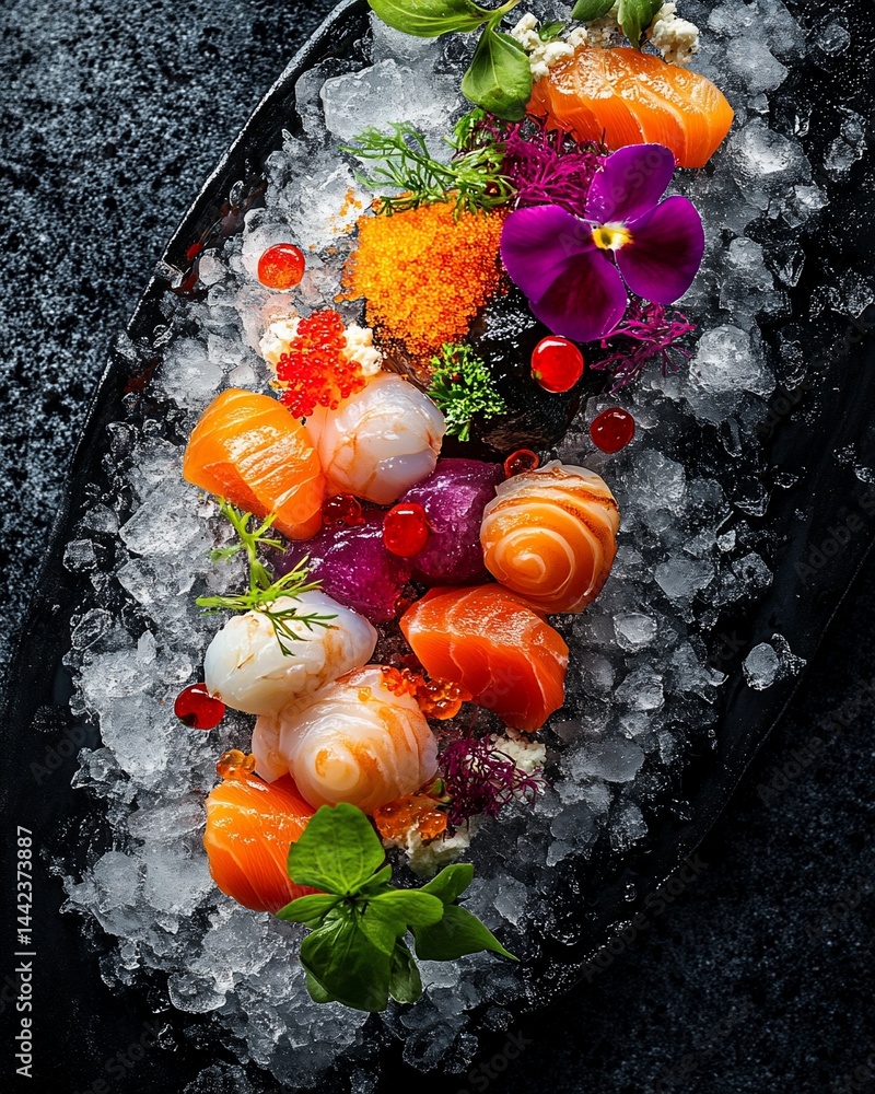 Elegant sashimi arrangement on ice, garnished with edible flowers and caviar.