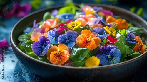 Vibrant edible flower salad with colorful pansies and fresh green leaves served in a rustic ceramic bowl on textured surface