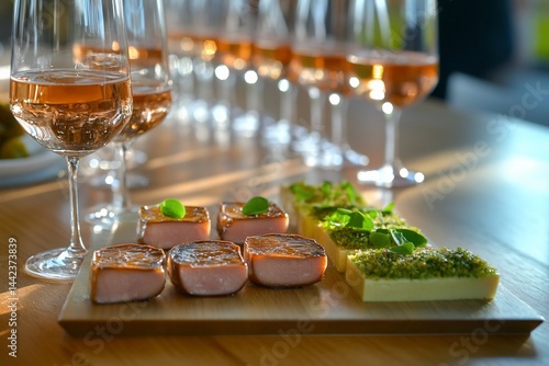 Obraz na płótnie Smoked ham and cheese appetizers with rosé wine glasses on wooden table. w salonie