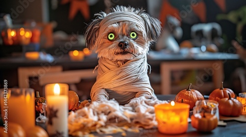 Obraz na płótnie A cute dog dressed as a mummy for Halloween, surrounded by pumpkins and candles. w salonie