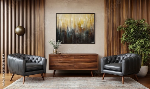 Obraz na płótnie Modern living room interior with two black leather armchairs, wooden console table, and abstract painting on wall. w salonie