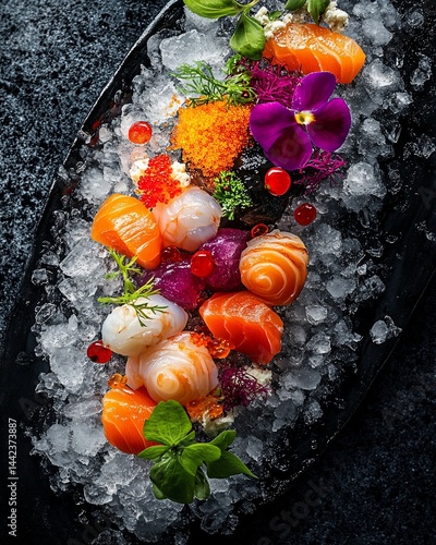 Obraz na płótnie Elegant sashimi arrangement on ice, garnished with edible flowers and caviar. w salonie