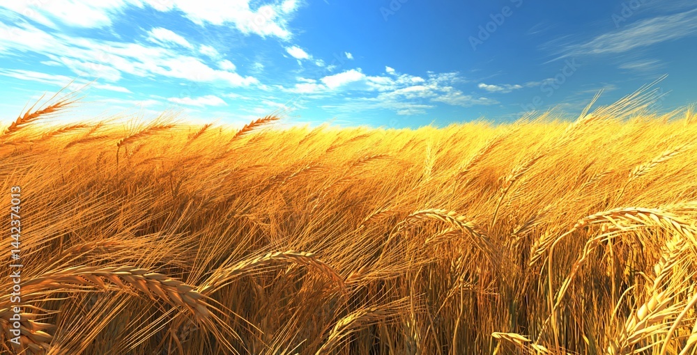 Golden wheat field under a bright blue sky with fluffy white clouds.